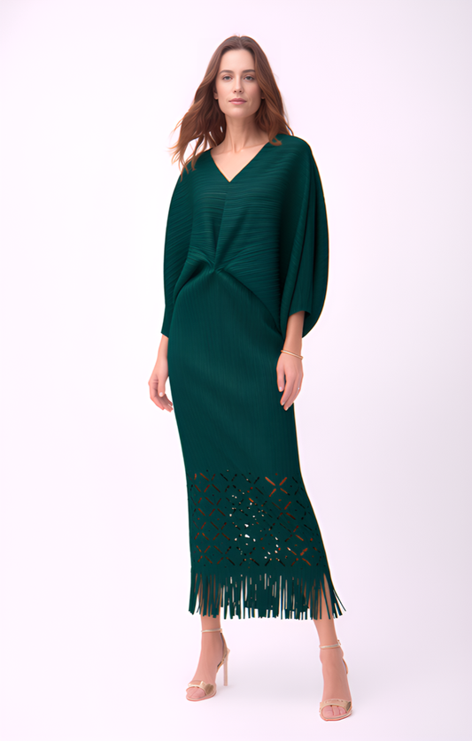 Ellyndale Pleated Cutout Dress with Fringe - Dark Green