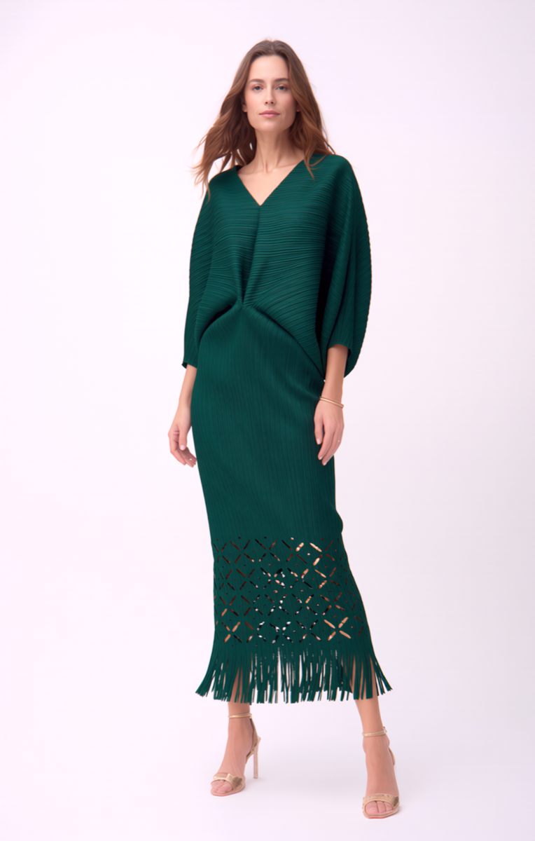 Ellyndale Pleated Cutout Dress with Fringe - Dark Green