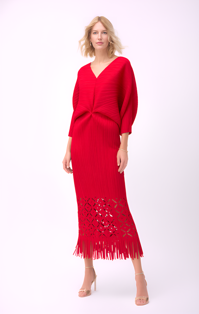 Ellyndale Pleated Cutout Dress with Fringe - Red