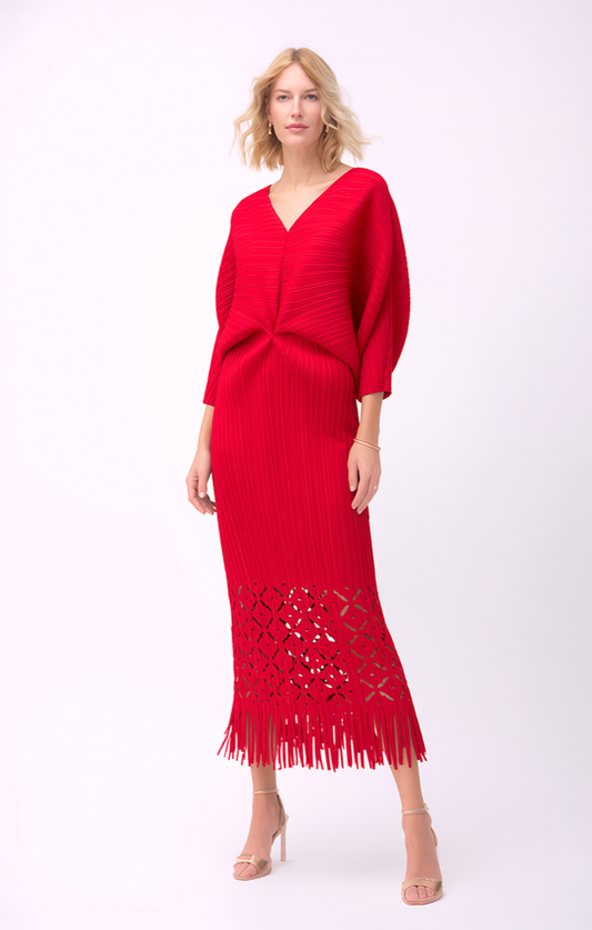 Ellyndale Pleated Cutout Dress with Fringe - Red