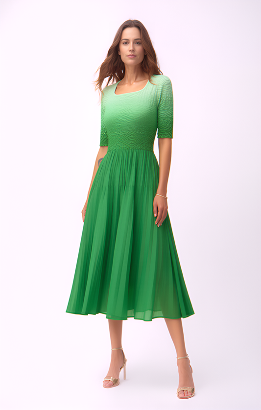 Pleated dress with 3/4 sleeves Ombre effect (Bright Green)