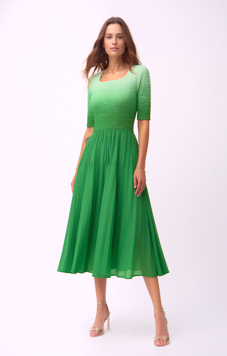 Pleated dress with 3/4 sleeves Ombre effect (Bright Green)