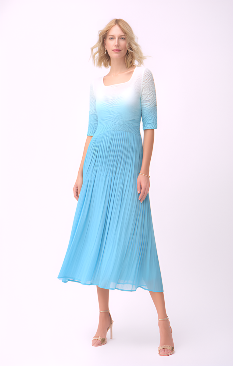 Pleated dress with 3/4 sleeves Ombre effect (sky blue)