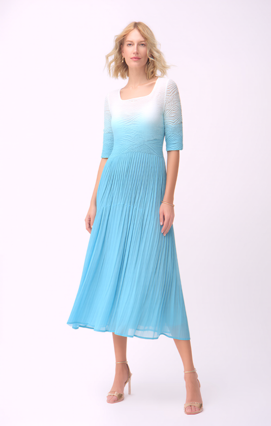 Pleated dress with 3/4 sleeves Ombre effect (sky blue)