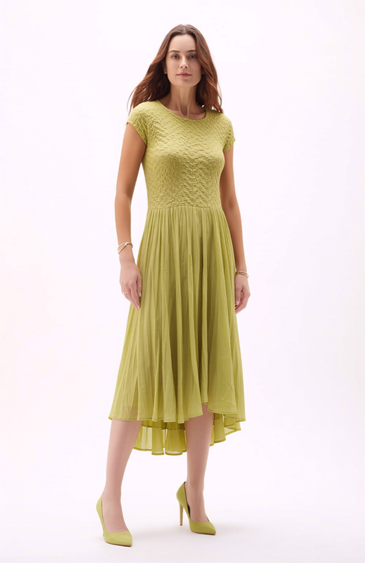 Pleated dress with Cupsleeves  ( Lime)