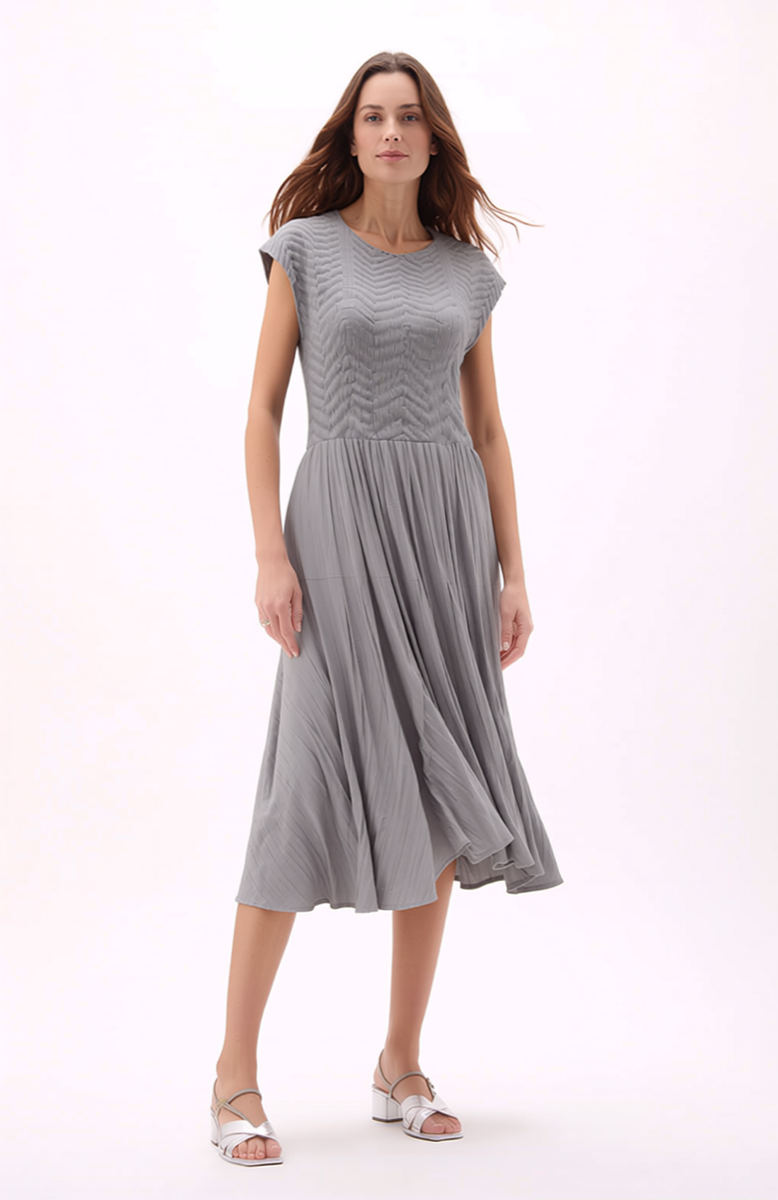 Pleated dress with Cupsleeves  (Grey)