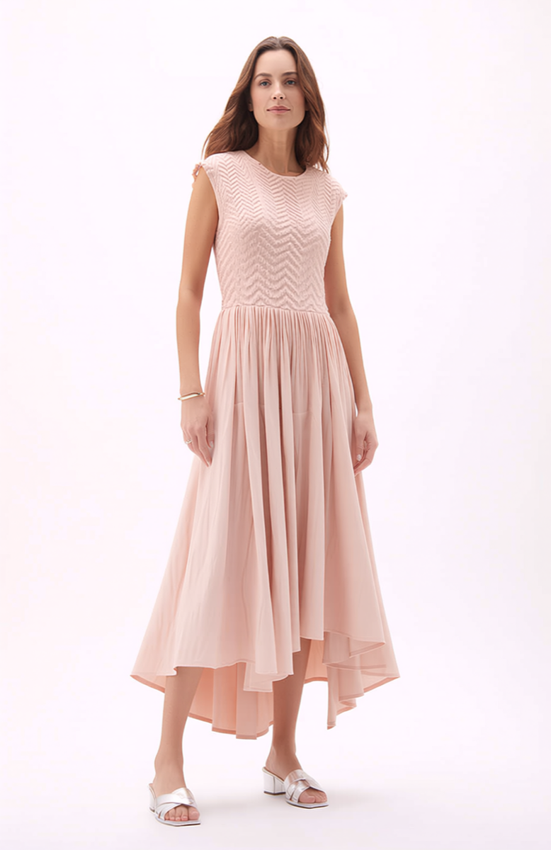 Pleated dress with Cupsleeves  (Pink)