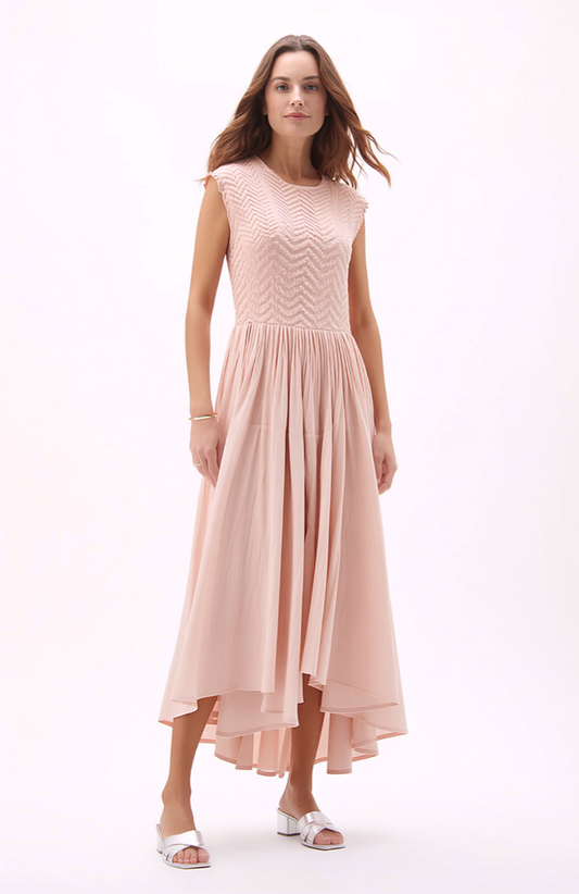 Pleated dress with Cupsleeves  (Pink)