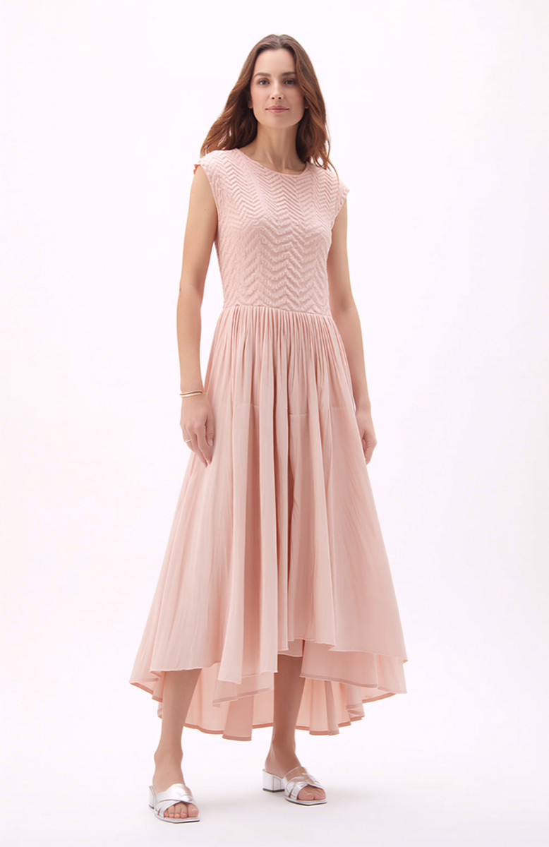 Pleated dress with Cupsleeves  (Pink)