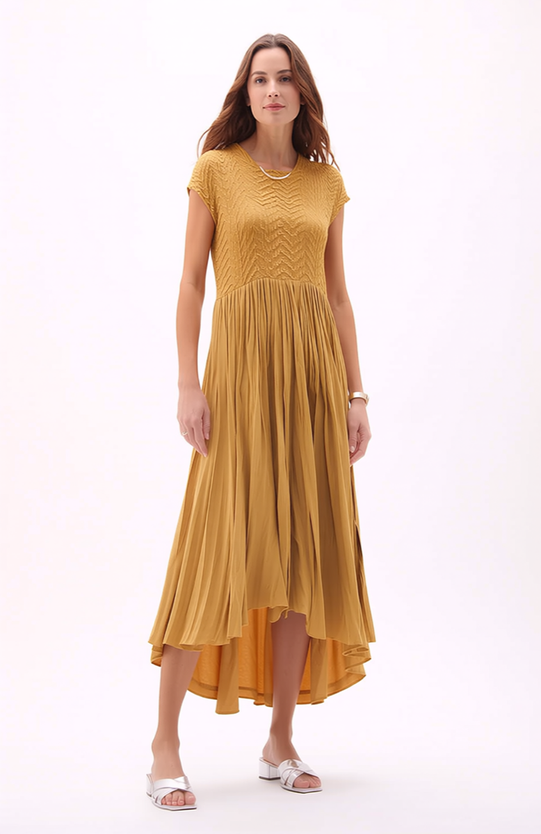 Pleated dress with Cupsleeves  ( Mustard)
