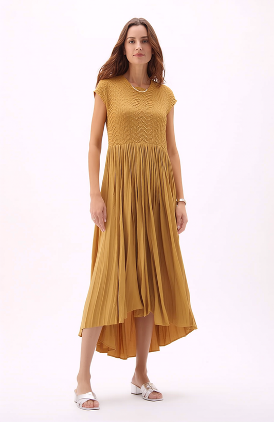 Pleated dress with Cupsleeves  ( Mustard)