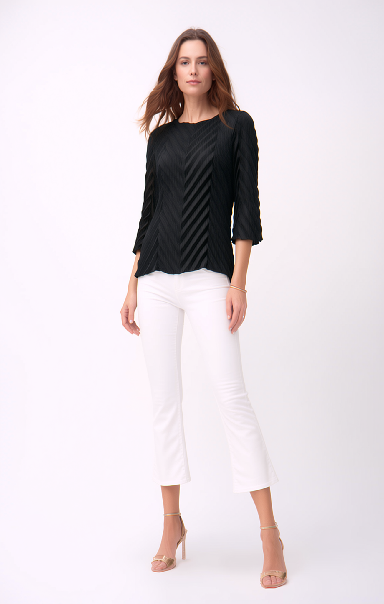 Pleating Bell Sleeves Top- Chevron Flow- Black