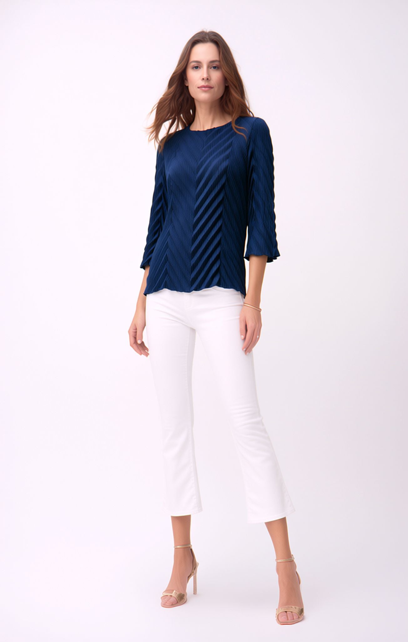 Pleating Bell Sleeves Top- Chevron Flow- Dark Blue