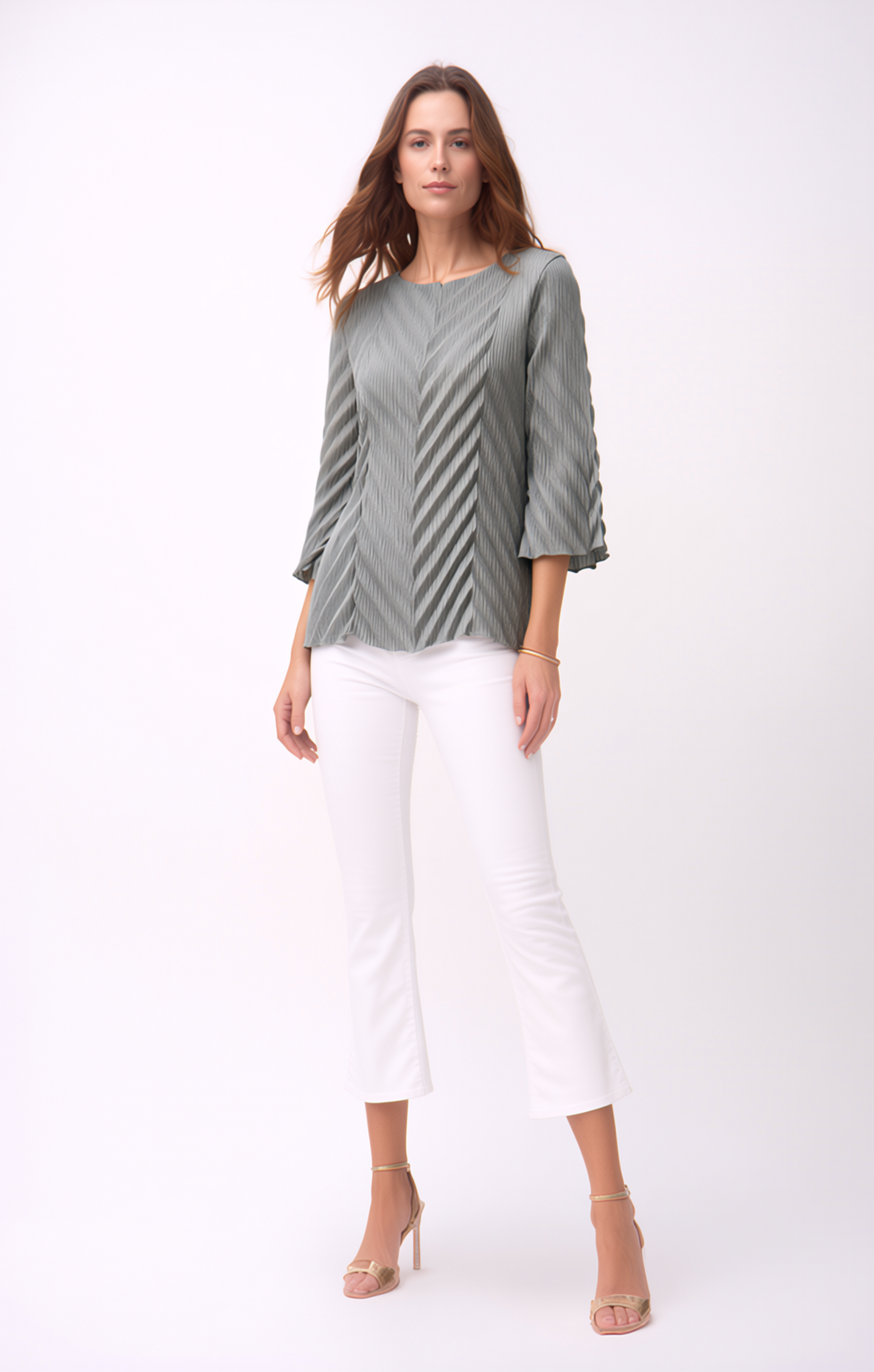 Pleating Bell Sleeves Top- Chevron Flow- Grey