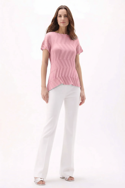 Pleating Short Sleeves Top- Chevron Ripple - Pink