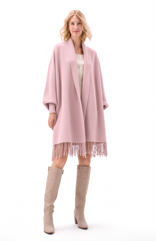 Soft Faux Mink Knit Shawl with Arm Openings - Rose Latte