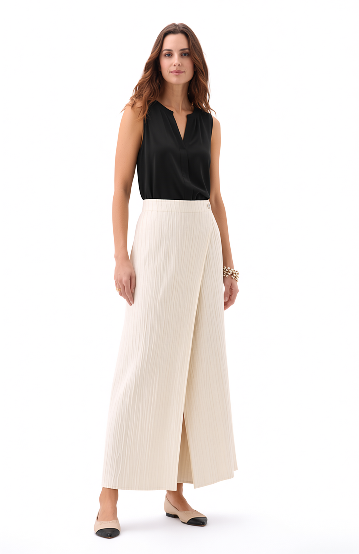 Pleated Pants with Pockets+Overlay front  ( Cream )