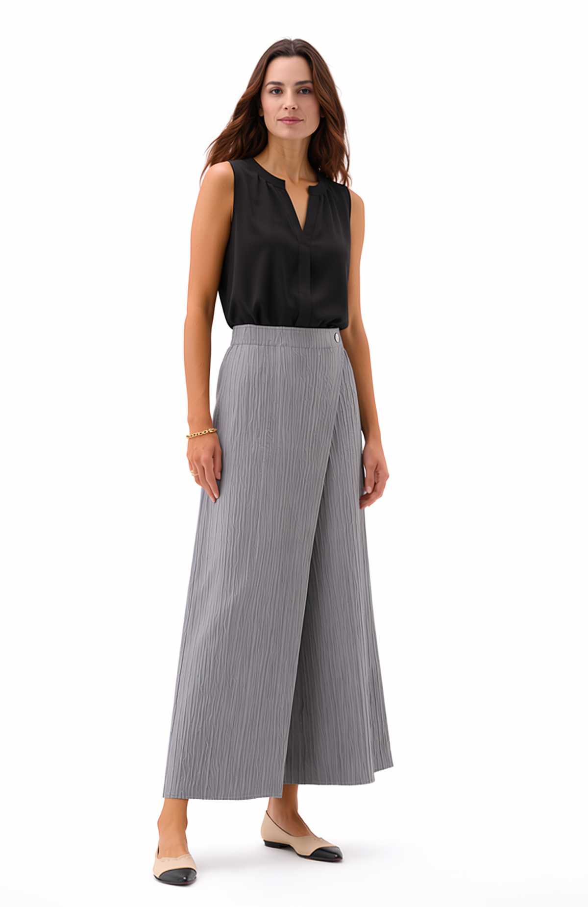 Pleated Pants with Pockets+Overlay front  ( Grey )