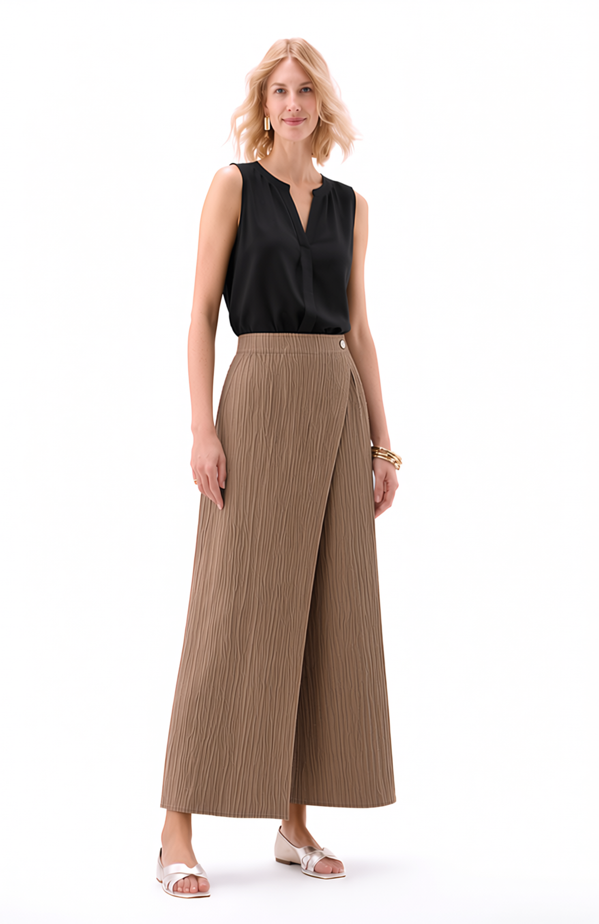 Pleated Pants with Pockets+Overlay front  ( Milk Tea )