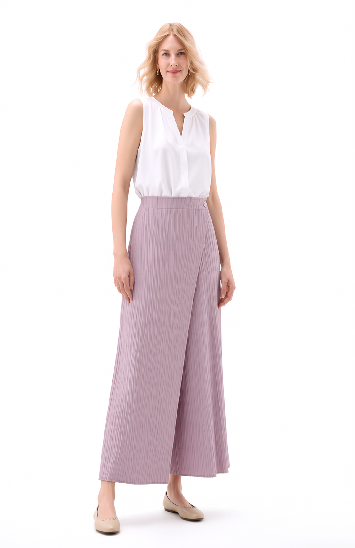 Pleated Pants with Pockets+Overlay front  ( Pink )