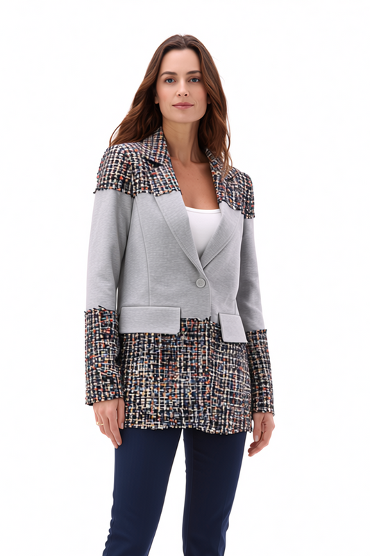 Blazer Tweed Ponte Sandwich Jacket (Grey)