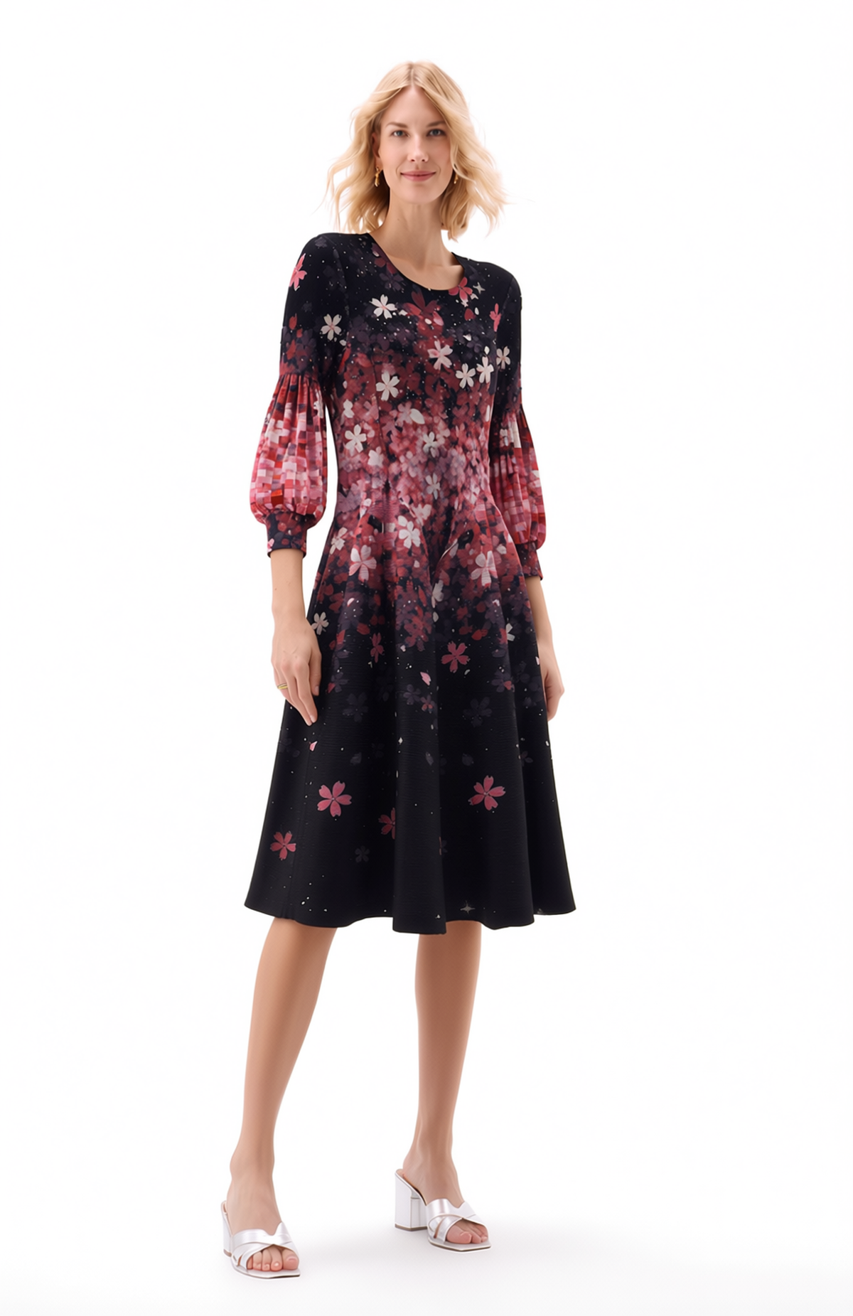 One-Size Pleated Floral Dress with Balloon Sleeves - Black Pink Blossom