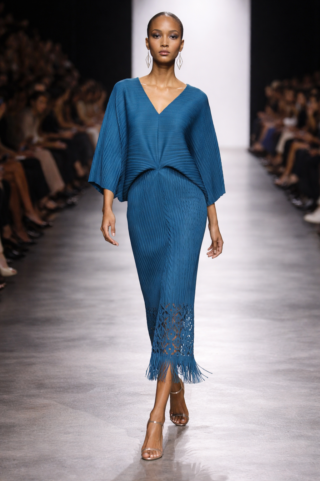 Pleated Cutout Dress with Fringe - TEAL