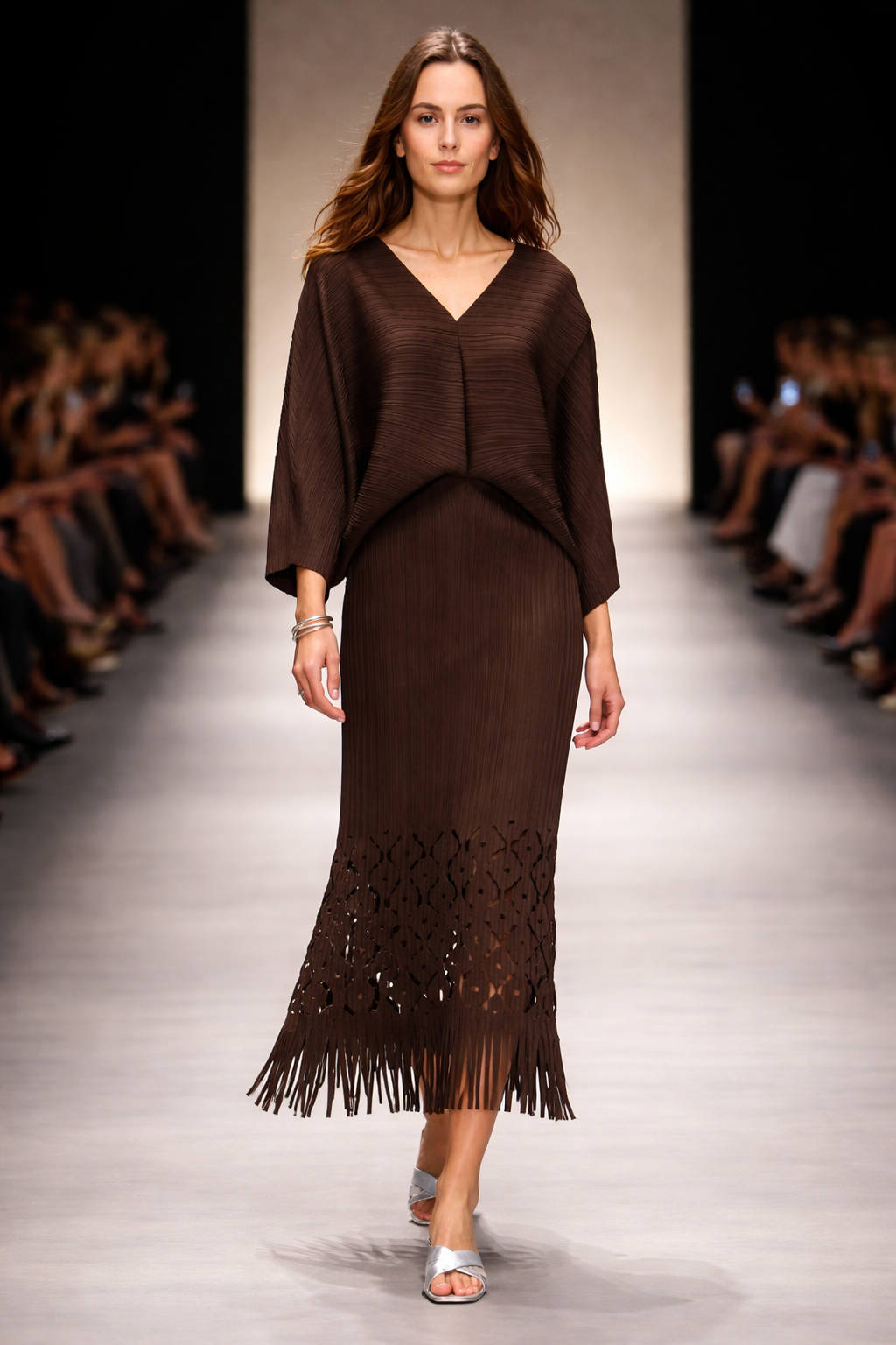 Ellyndale Pleated Cutout Dress with Fringe - Khaki