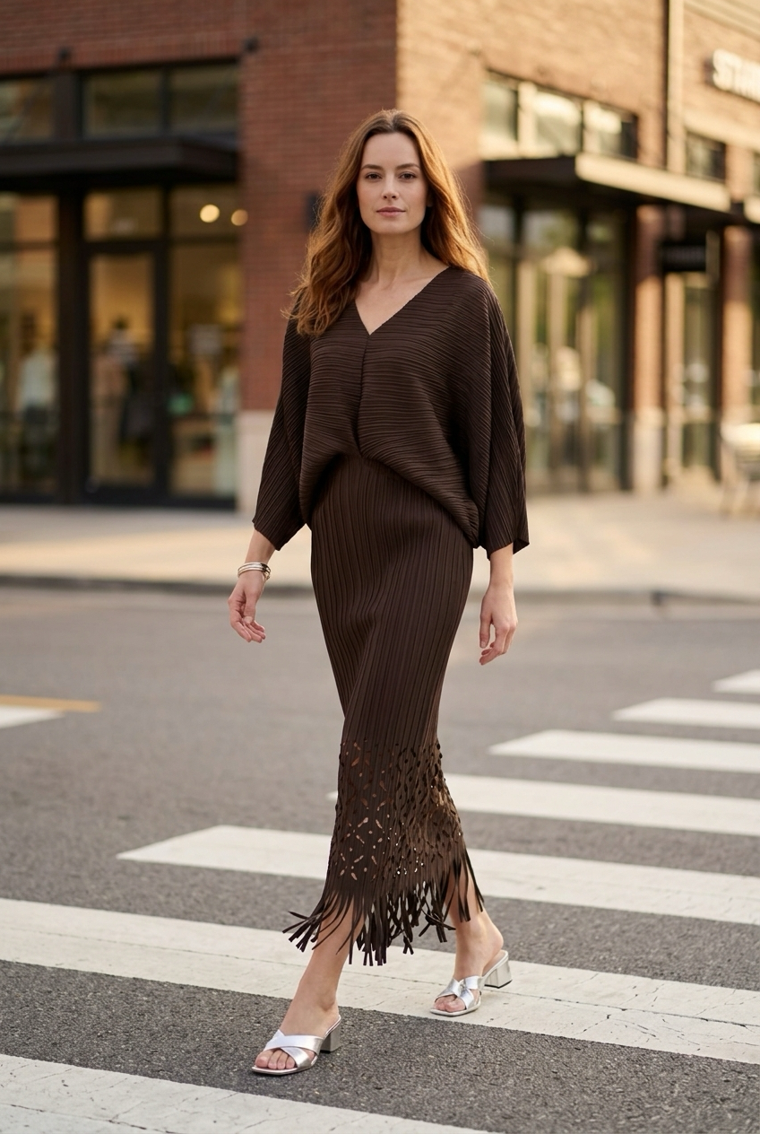 Ellyndale Pleated Cutout Dress with Fringe - Khaki