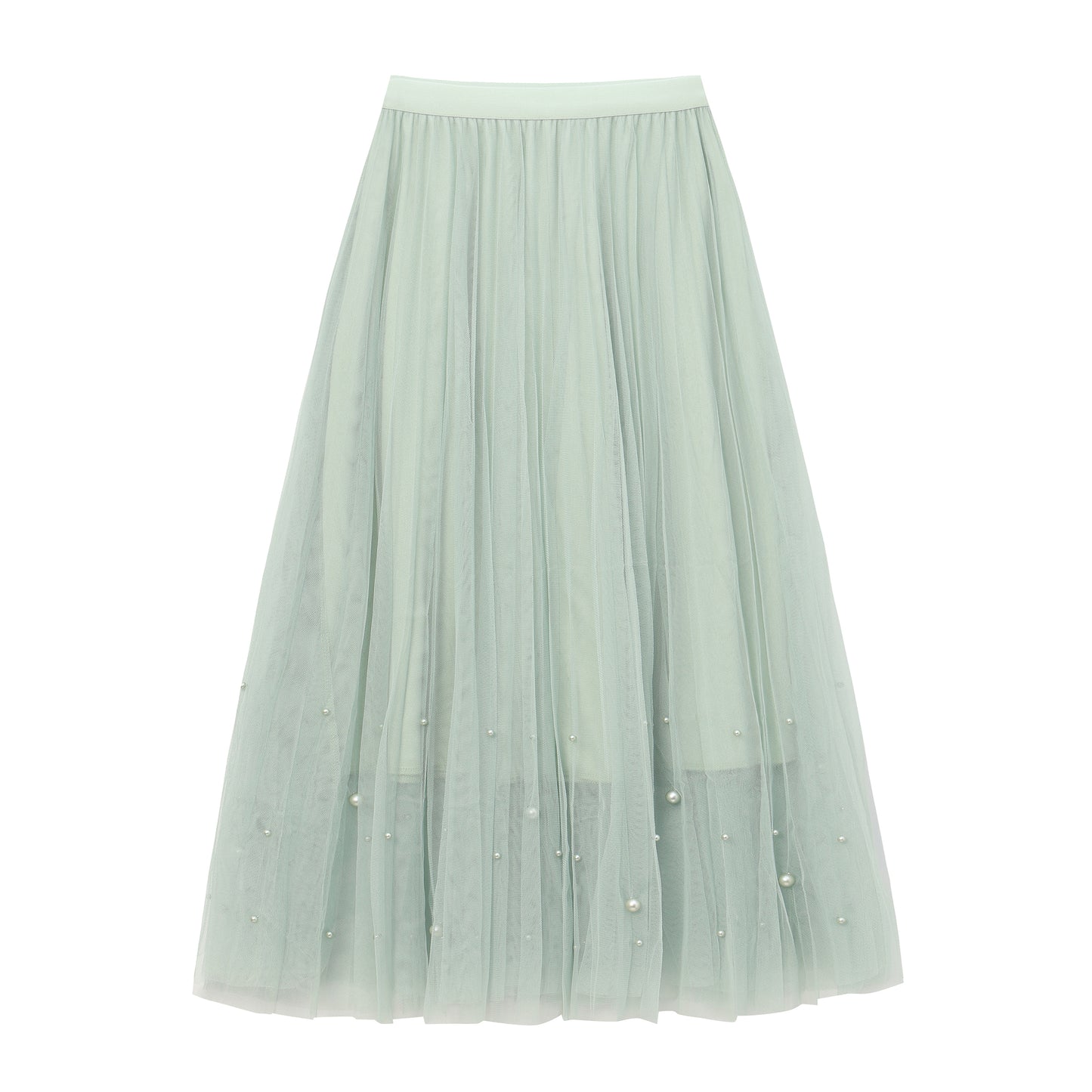 Fairy pleating mesh Skirt with vary size Pearls at hem (Sage)