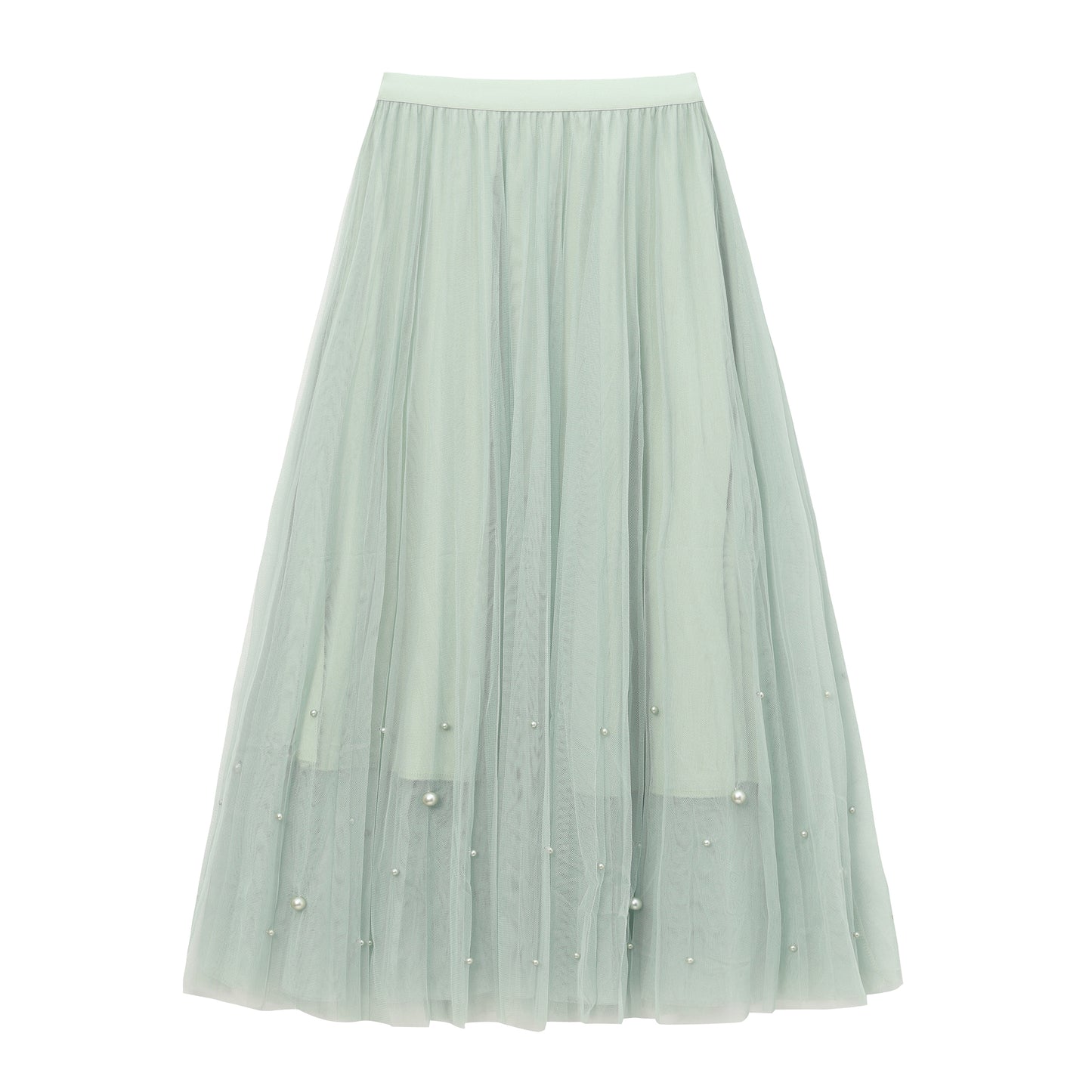 Fairy pleating mesh Skirt with vary size Pearls at hem (Sage)