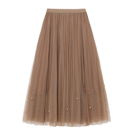 Fairy pleating mesh Skirt with vary size Pearls at hem (Mocha)