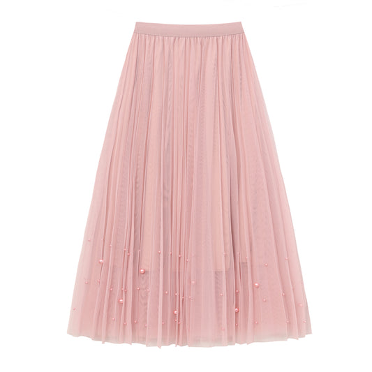 Fairy pleating mesh Skirt with vary size Pearls at hem (Pink)