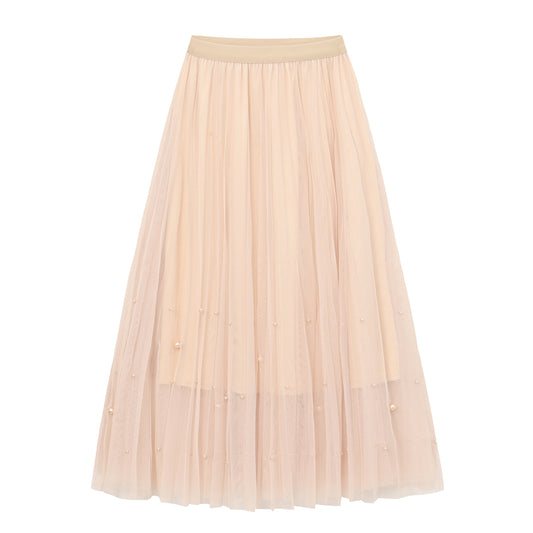 Fairy pleating mesh Skirt with vary size Pearls at hem (Oatmeal)