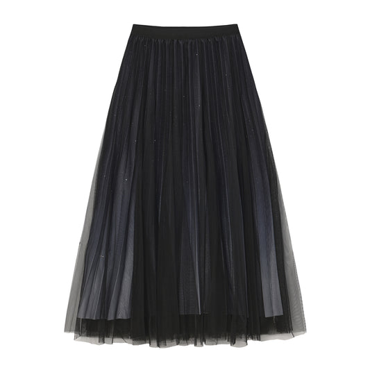 pleating mesh Skirt with ombre effect and glitters (Black)