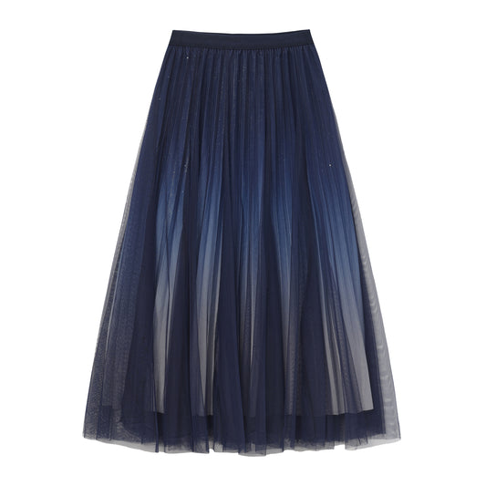 pleating mesh Skirt with ombre effect and glitters (Midnight Blue)