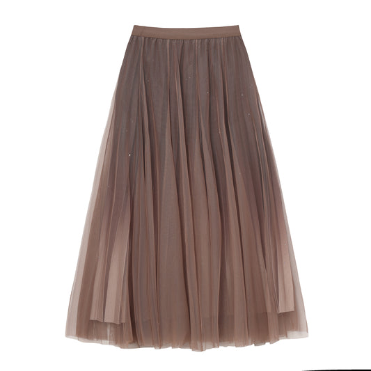 pleating mesh Skirt with ombre effect and glitters (Coffee)