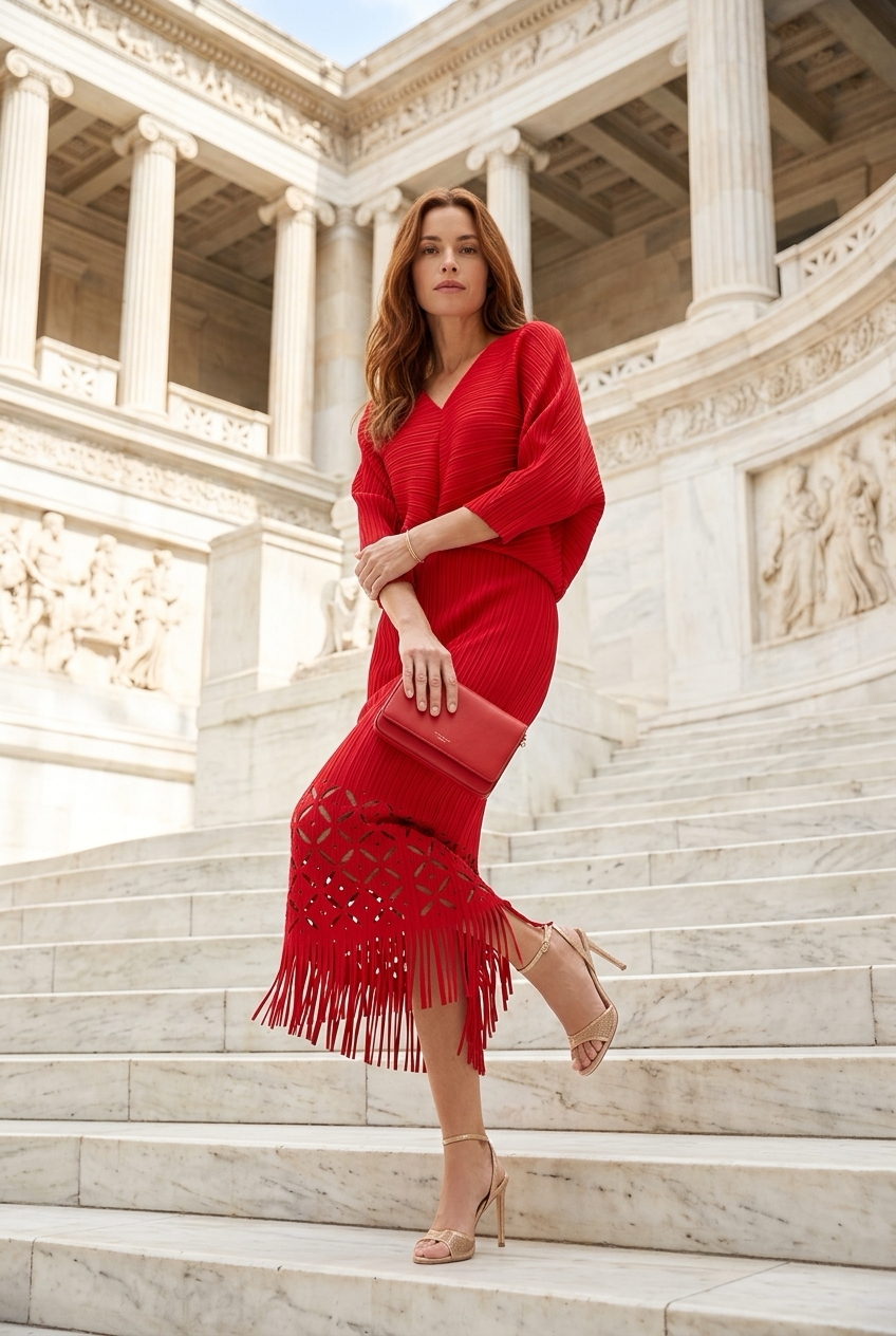 Ellyndale Pleated Cutout Dress with Fringe - Red