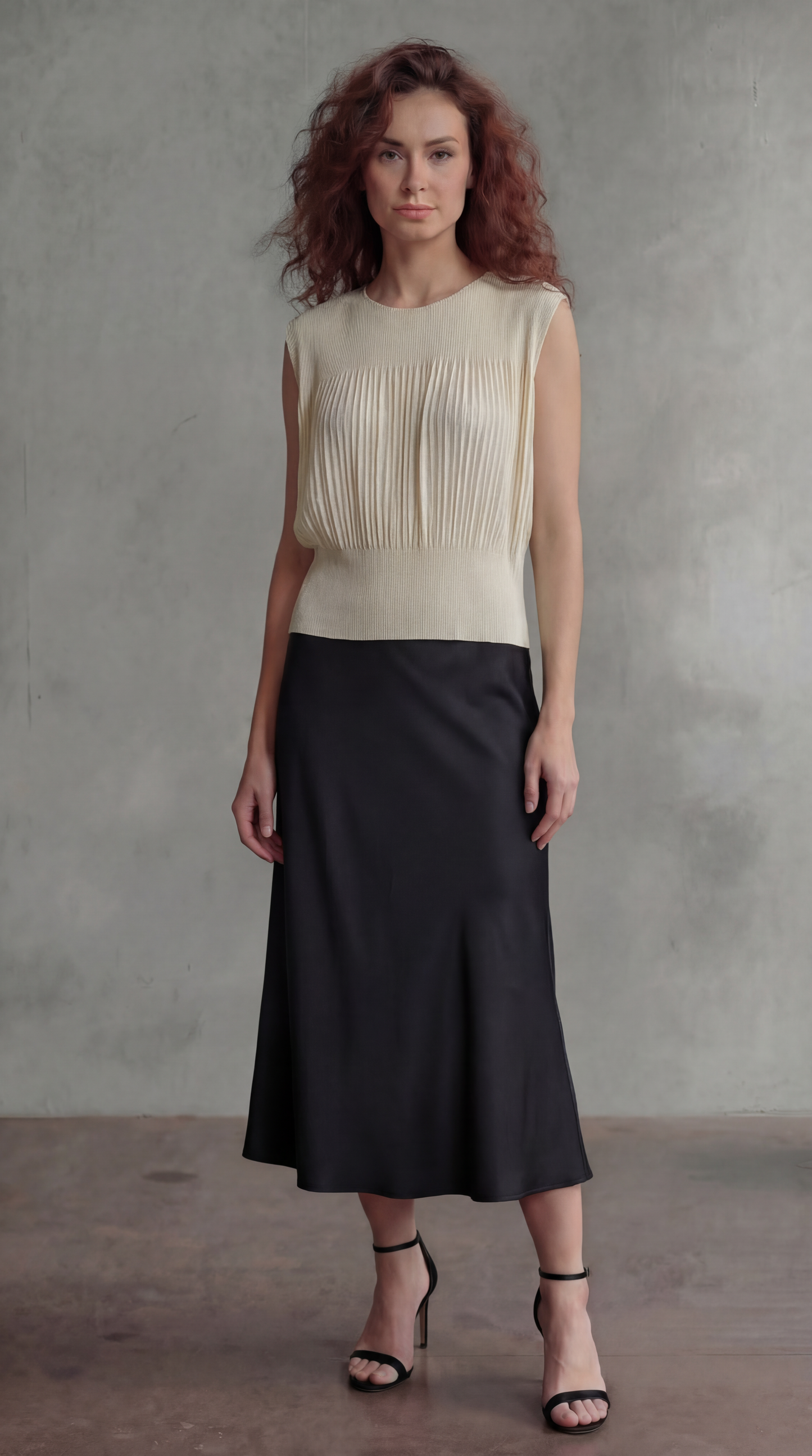 Pleating Sleeveless Top- Chiffon Flow - Almond