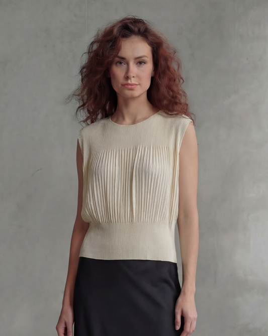 Pleating Long Sleeveless Top- Chiffon Flow - Almond
