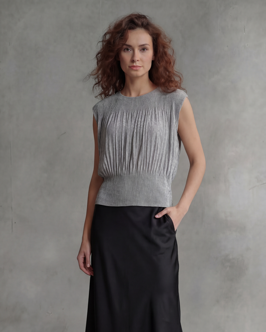 Pleating Long Sleeveless Top- Chiffon Flow (Grey)