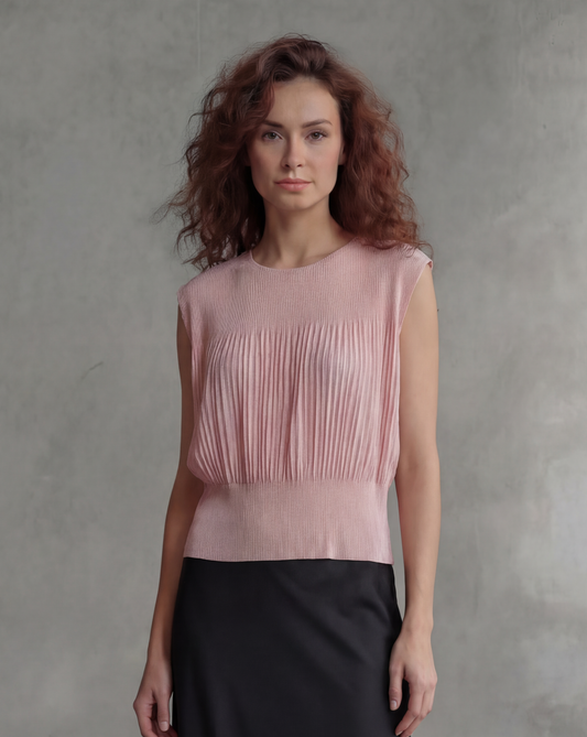 Pleating Long Sleeveless Top- Chiffon Flow - Peach