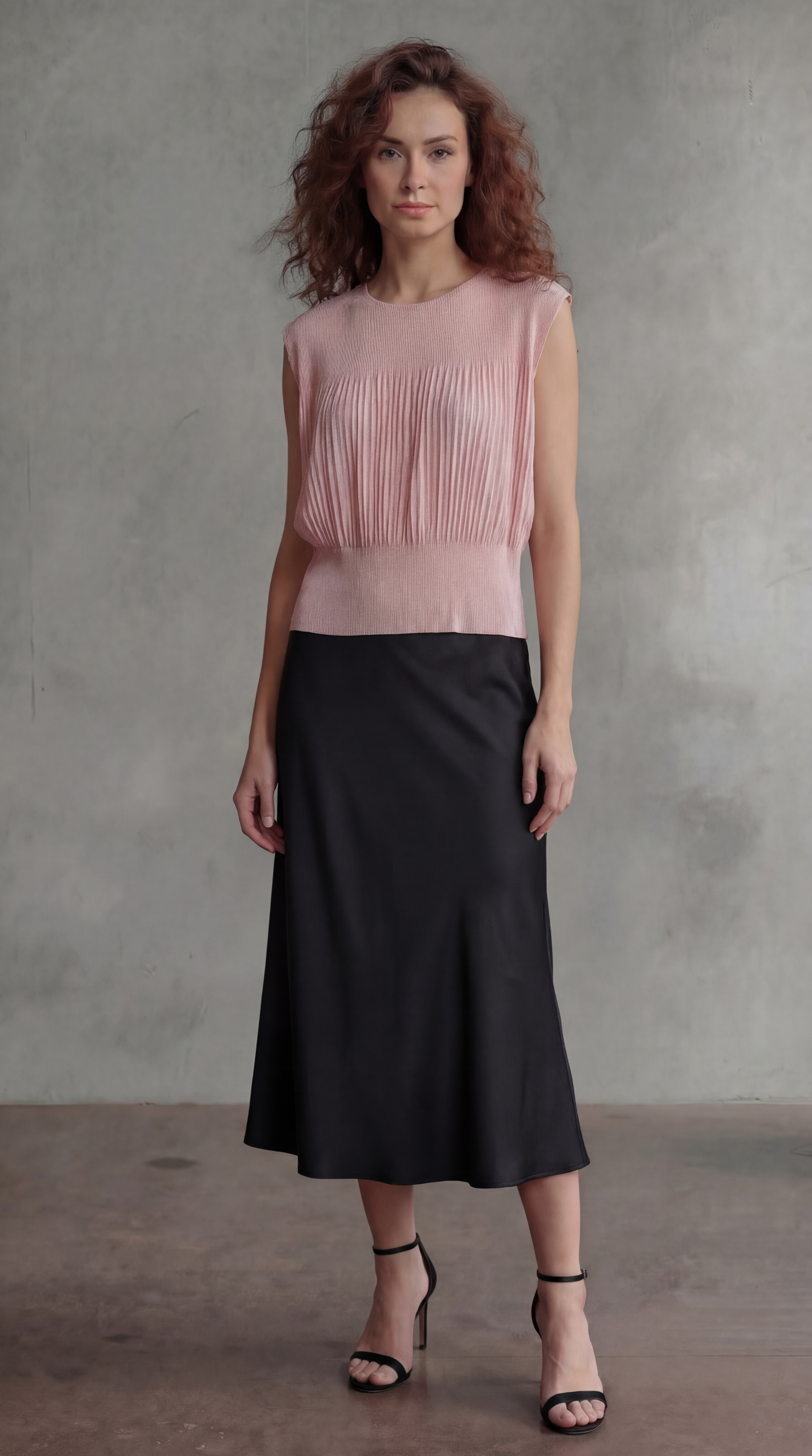 Pleating Sleeveless Top- Chiffon Flow - Peach