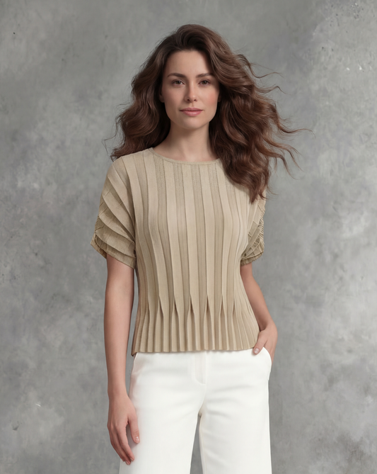 Pleating Short Sleeves Top- Dual Fold - Almond