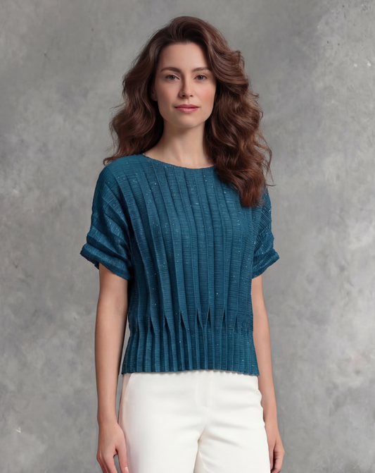 Pleating Short Sleeves Top- Dual Fold - Blue