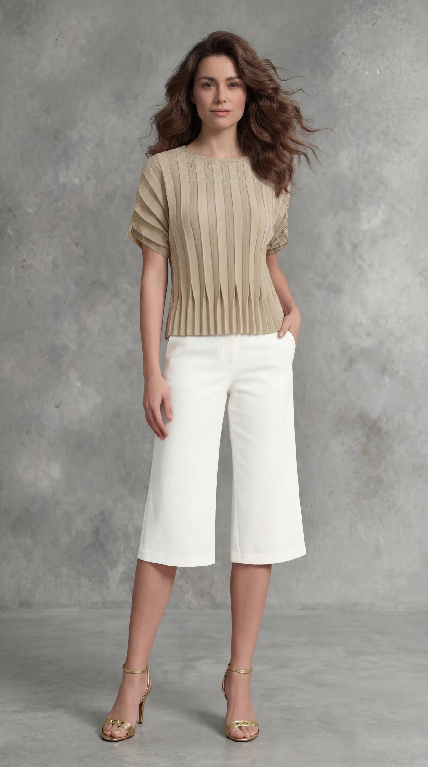 Pleating Short Sleeves Top- Dual Fold - Almond