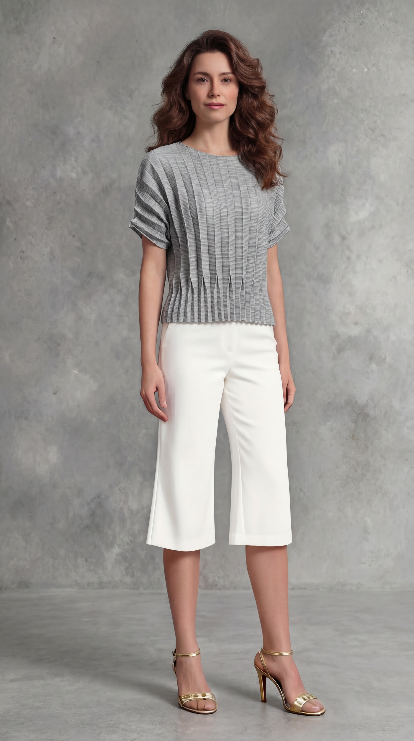 Pleating Short Sleeves Top- Dual Fold - Grey