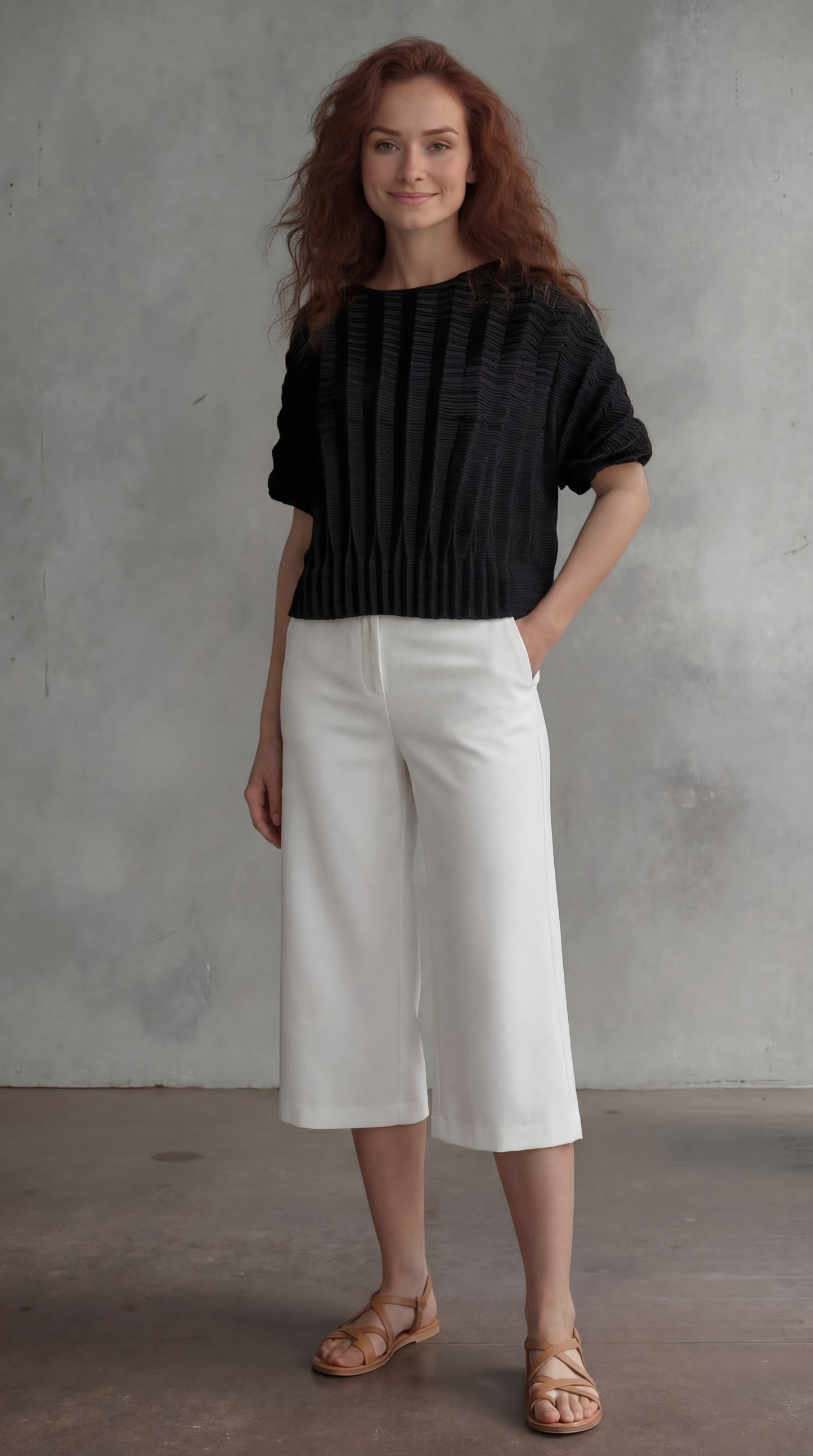 Pleating Short Sleeves Top- Dual Fold - Black