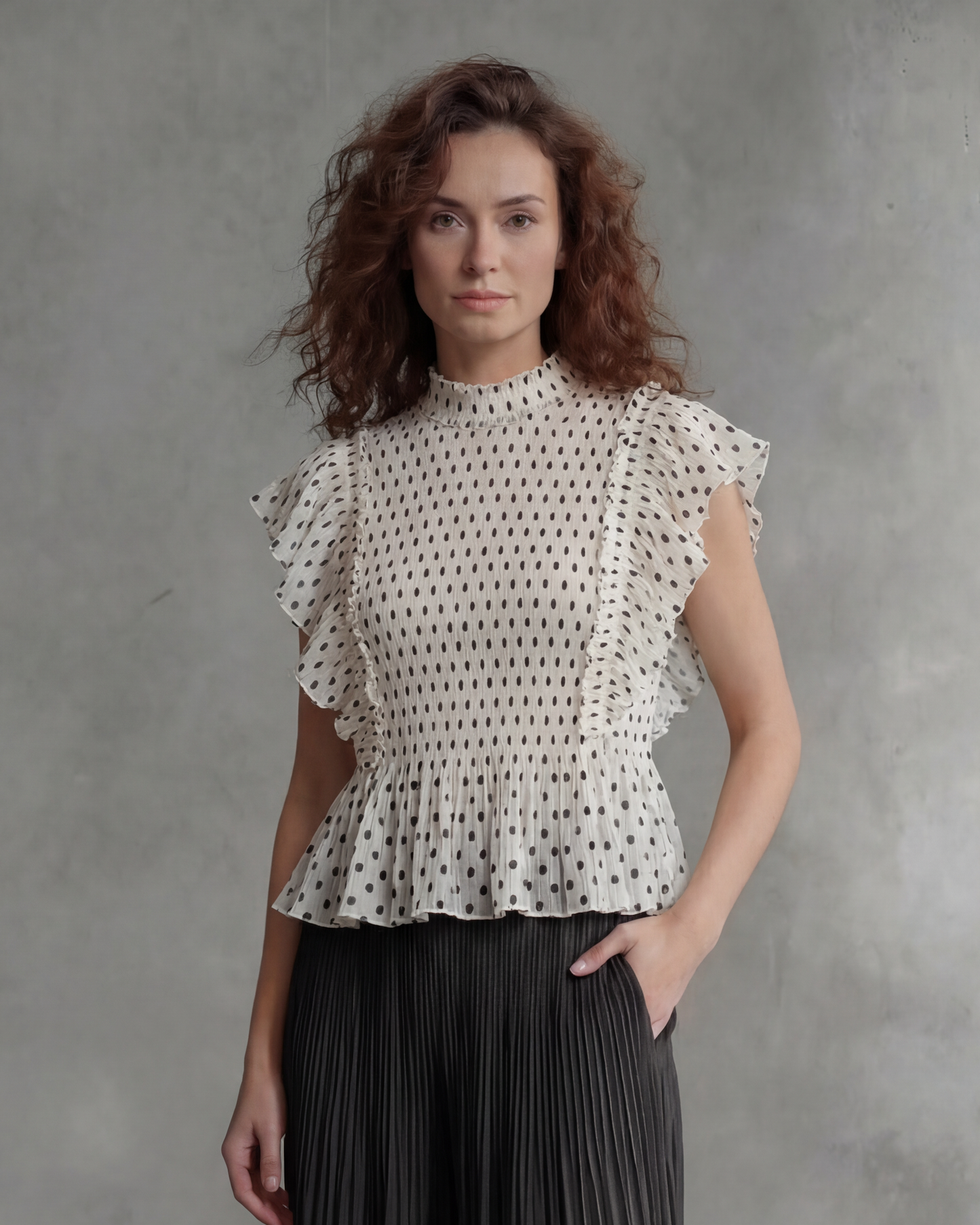 Pleating Ruffle Polka dot Top - White