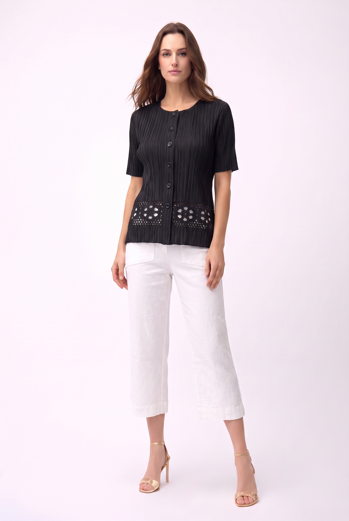 Pleated Cutout Short Sleeve Button-Front Top- Black